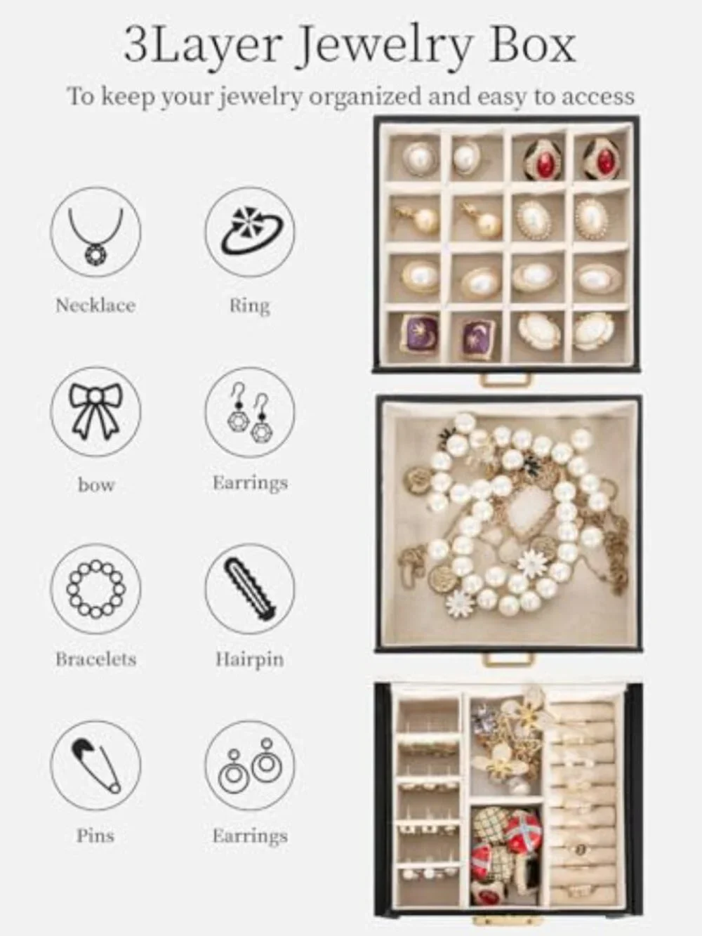 Jewelry Organizer with Mirror & Lock, 3-Tier‎ Jewelry Storage